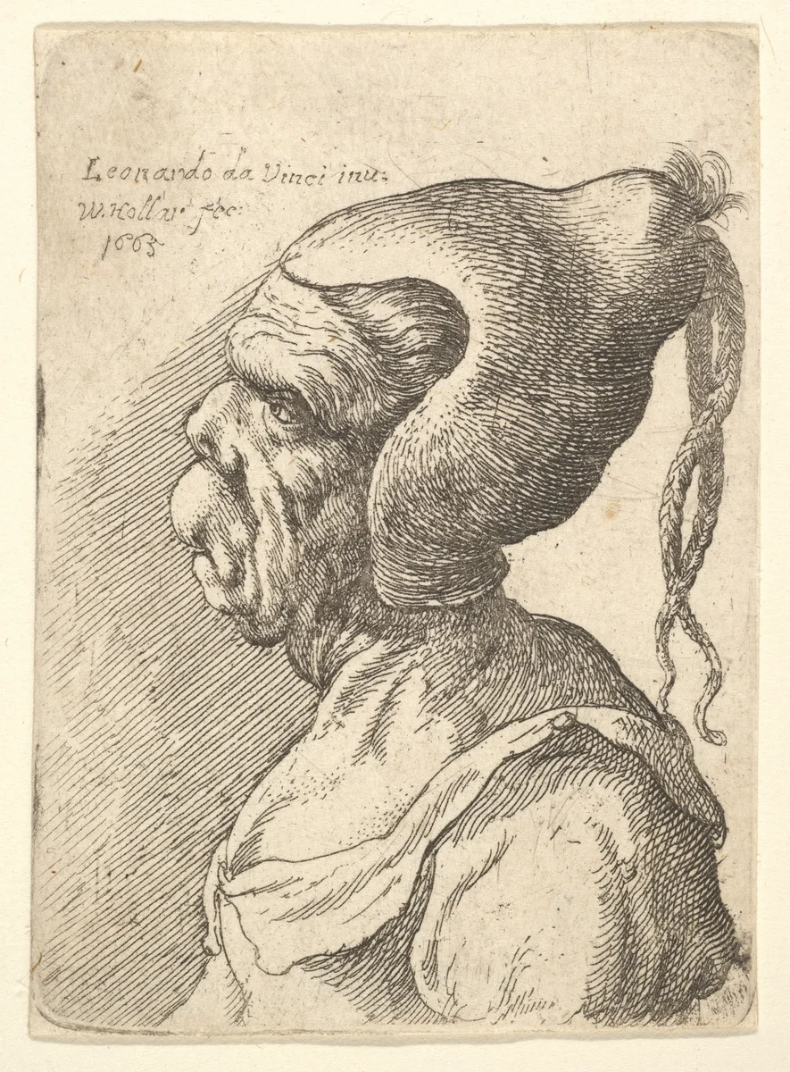 Bust of a deformed woman with conical hat and two dangling plaits in profile to left by Wenceslaus Hollar, print, 1665