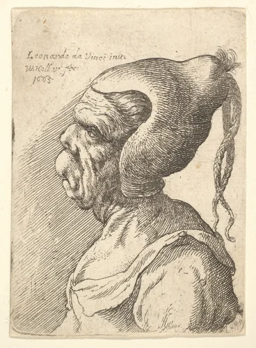 Bust of a deformed woman with conical hat and two dangling plaits in profile to left by Wenceslaus Hollar, print, 1665