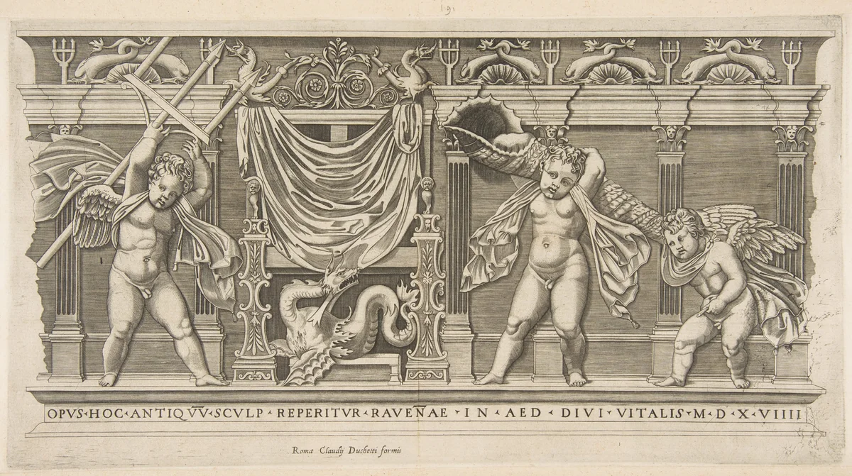 Three cupids in front of a facade with pilasters, one holding a trident and another a large shell by anonymous, print, 1510-1600