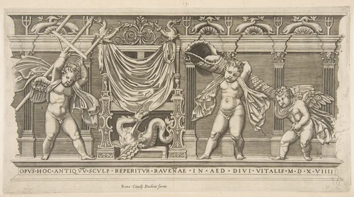 Three cupids in front of a facade with pilasters, one holding a trident and another a large shell by anonymous, print, 1510-1600