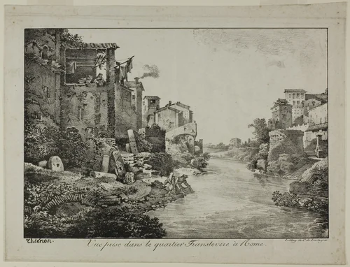 View in the Trastevere Quarter, Rome by Claude Thienon, print, 1817