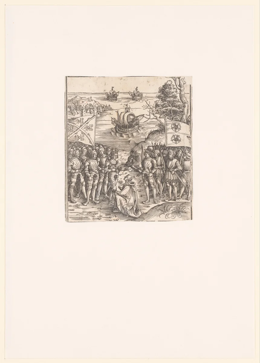 Maximiliaan I van Habsburg, keizer van het Heilige Roomse Rijk, sluit vrede met Hendrik VII, koning van Engeland by anonymous, print, 1515