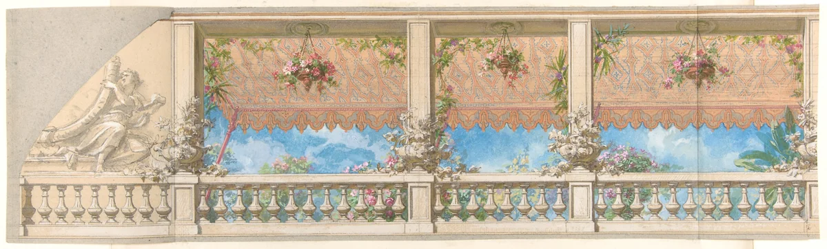 An Outdoor Balustrade Overhung with an Awning in Moorish Style by Jules-Edmond-Charles Lachaise, drawing, 1830-1897