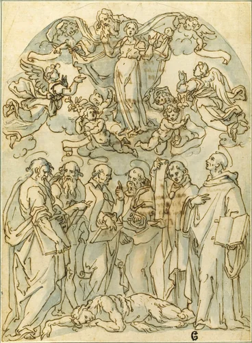 Virgin in Glory with Saints including St. John at their Feet by Lazzaro Tavarone, drawing, 1576-1641