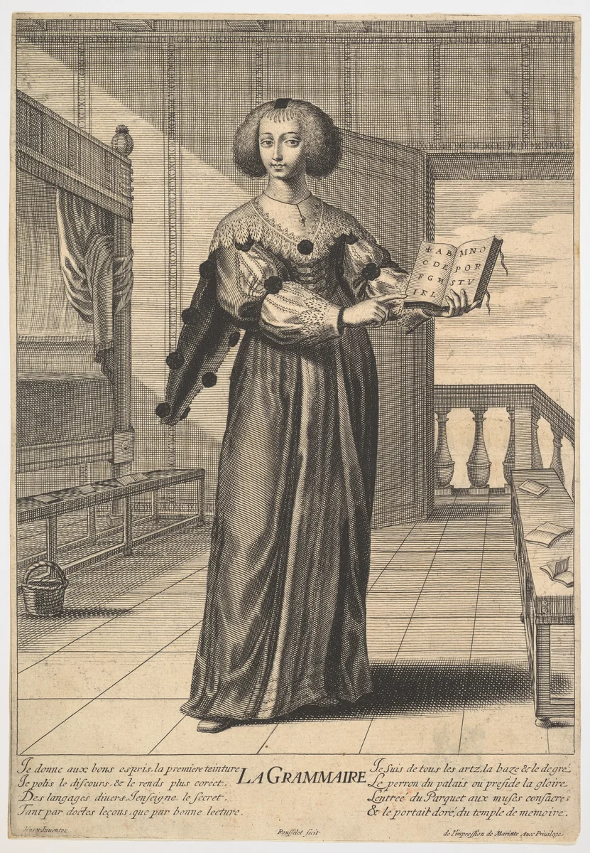Grammar: a young woman standing in a decorated interior holding an open book in her left hand and pointing to the alphabet inscribed on its pages with her right hand, from the series 'The liberal arts' (Les arts liberaux) by Gilles Rousselet, print, 1633-1635