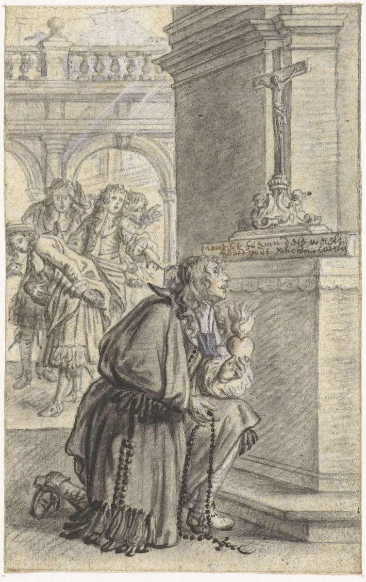 Knielende edelman bij altaar by Michael Willmann, drawing, 1640-1706