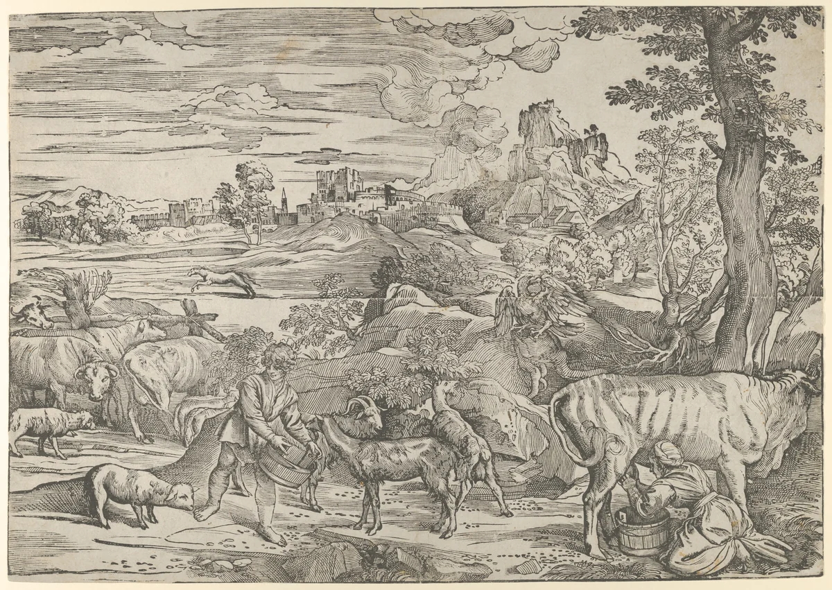 Landscape with a milkmaid at right and a boy at left by Nicolò Boldrini, print, 1530-1540