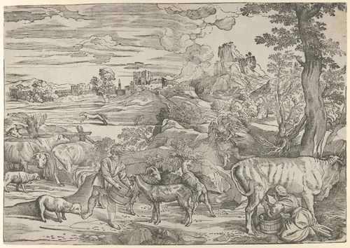 Landscape with a milkmaid at right and a boy at left by Nicolò Boldrini, print, 1530-1540