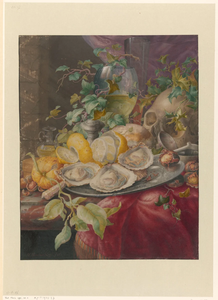 Vanitasstilleven met oesters en schedel by Herman Henstenburgh, drawing, 1677-1726