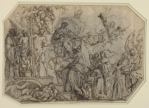 The Trinity and the Virgin Appearing to Ecclesiastics by Theodor Boeyermans, drawing, 1620-1678