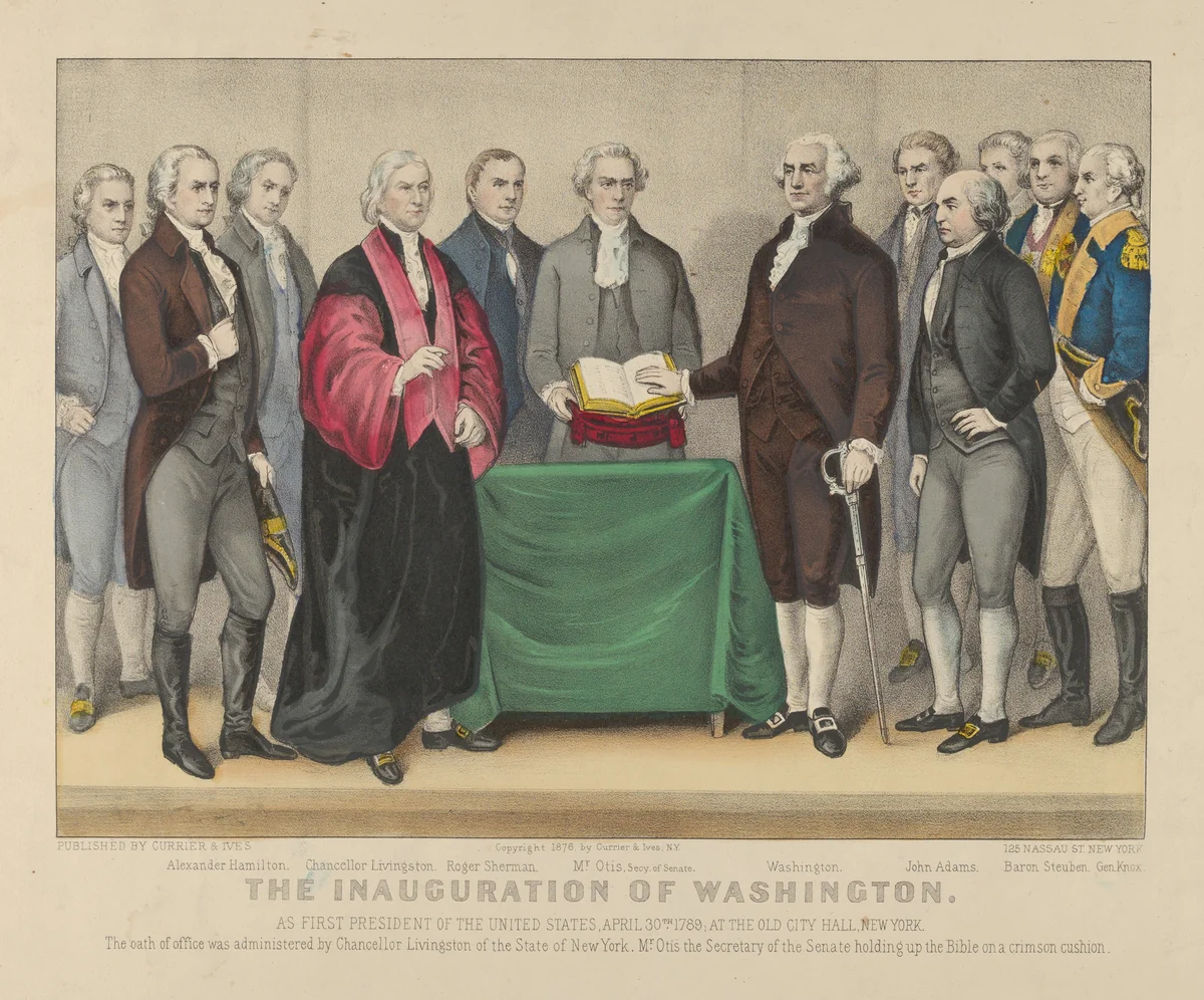 The Inauguration of Washington as First President of the United States, April 30th 1789 – At the Old City Hall, New York – The oath of office was administered by Chancellor Livingston of the States of New York – Mr. Otis the Secretary of the Senate holding up the Bible on a crimson cushion. by Currier & Ives, print, 1876