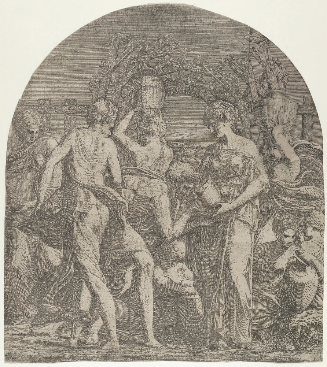 Rebecca and Eliezer at the Well by Léon Davent, print, 1537-1550