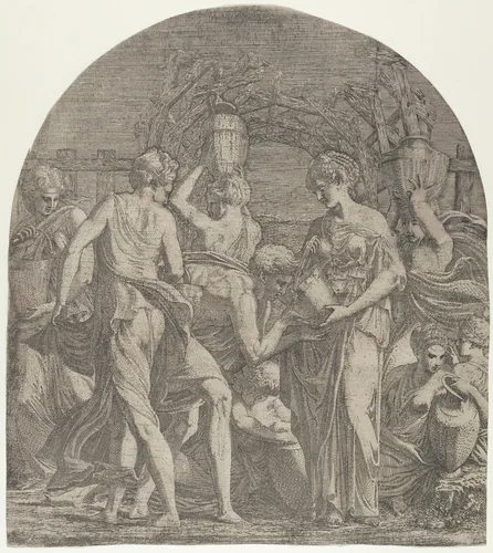 Rebecca and Eliezer at the Well by Léon Davent, print, 1537-1550