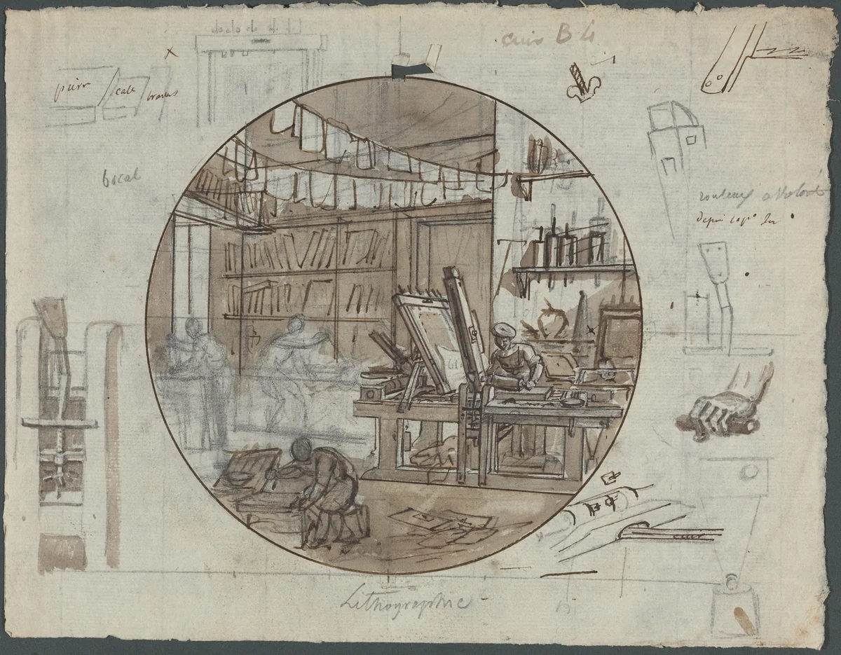 Lithographic Workshop by Jean Charles Develly, drawing, 1821-1831