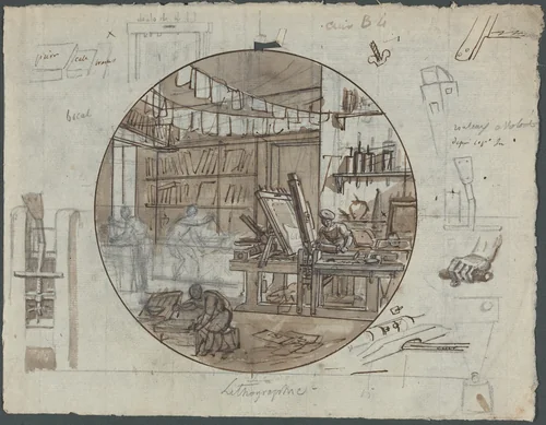 Lithographic Workshop by Jean Charles Develly, drawing, 1821-1831