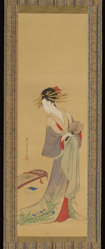 Courtesan with Fan and Koto by Chōbunsai Eishi (鳥文斎栄之), painting, 1767-1799