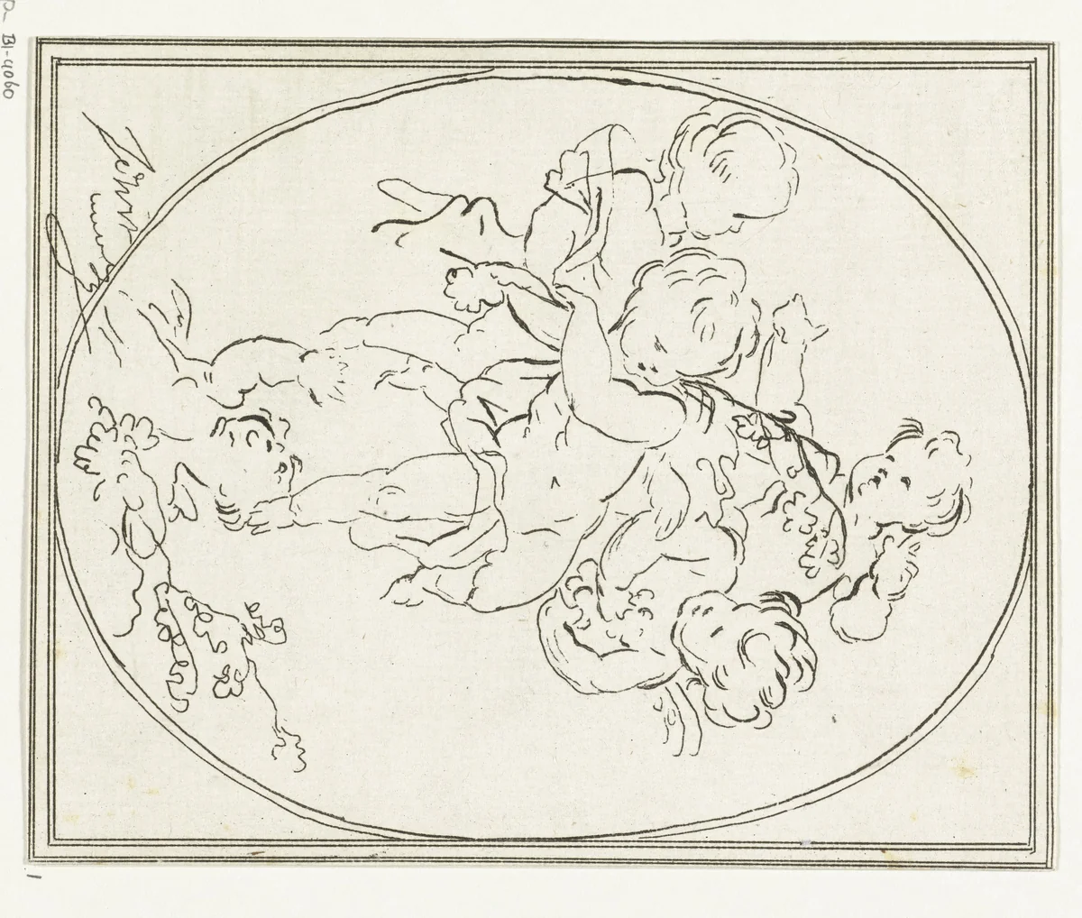 Vijf putti met bloemtakken by Anthonie van den Bos, print, 1778-1838