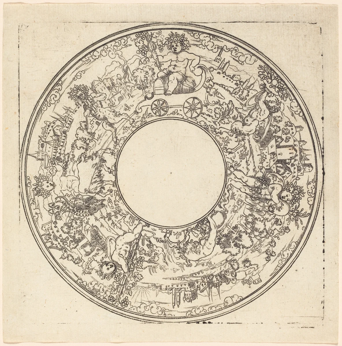 Bacchus Riding in a Wagon by Jonas Silber, print, 1572-1589