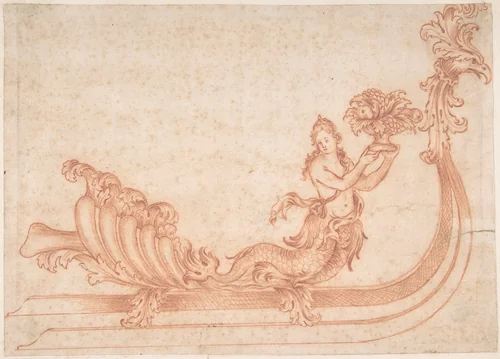 Design for a Sleigh with a Mermaid Holding a Vessel with Fruit by anonymous, drawing, 1700-1800