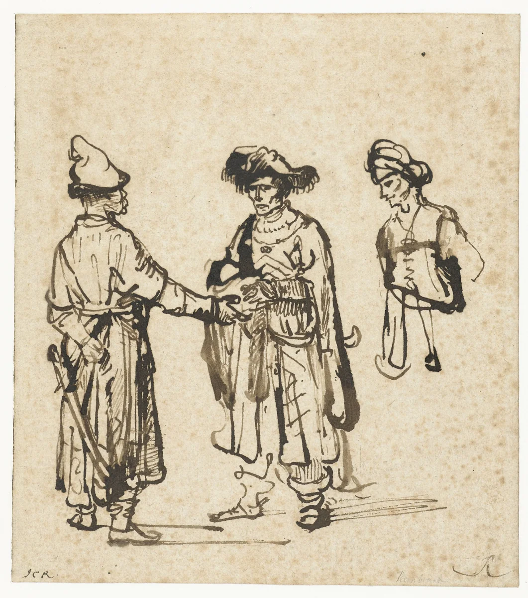 Drie oosterlingen in gesprek by Rembrandt van Rijn, drawing, 1645