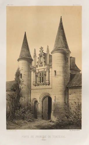 Architecture Pittoresque ou Monuments des XVeme. Et XVIeme. Siecles: Chateaux de France des XV et XVI Siecles: Pl. 96, Porte du Prieuré de Torteval (Calvados) by Victor Petit, print, 1860