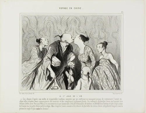New Year's Day. The Chinese, following an old and respectable tradition invented by a confectioner, never fail to begin the year by offering to all their acquaintances chestnuts and other small presents. They kiss each other with pursed lips, but would rather tear each other apart. On this memorable day in Beijing alone 300'000 kilos of sweets and 200'000 kilos of gingerbread will be devoured. No wonder that on January 2nd all the little Chinese have a colic. But who cares.... next year they'll be again filled up with the same colic enhancing stuff always under the pretext of "traditional duty", plate 25 from Voyage En Chine by Honoré-Victorin Daumier, print, 1845