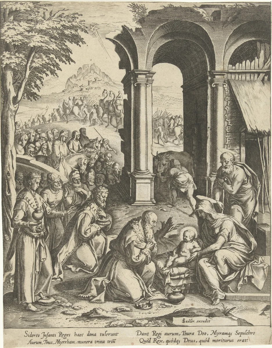 Aanbidding door de koningen by anonymous, print, 1566-1616