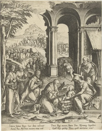 Aanbidding door de koningen by anonymous, print, 1566-1616