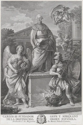 Allegorical portrait of Carlos III standing on a pedestal flanked by figures (War and Peace?) by Manuel Salvador Carmona, print, 1778