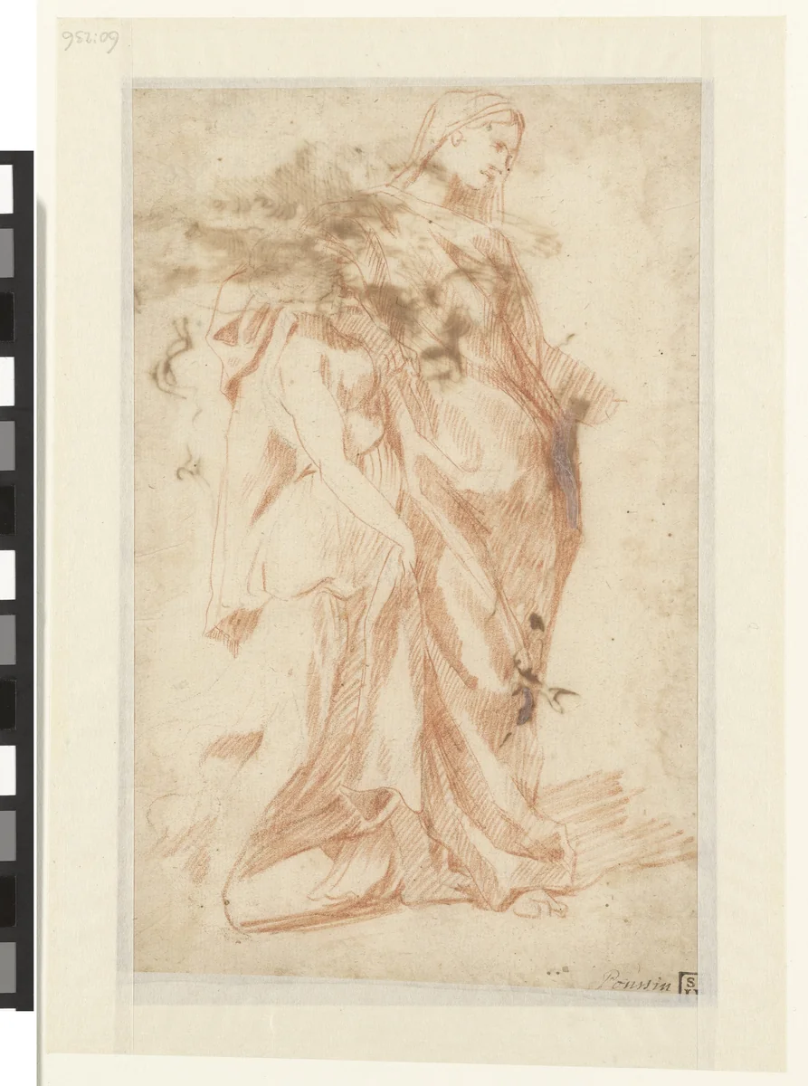 Een groep van twee vrouwen in: Theseus vindt het zwaard van zijn vader by anonymous, drawing, 1630-1670