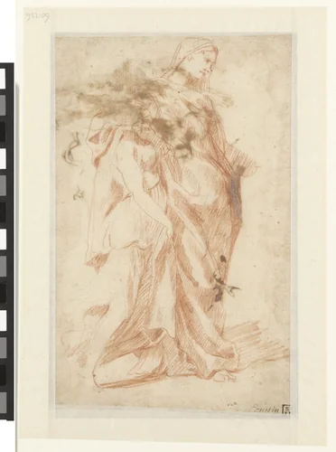 Een groep van twee vrouwen in: Theseus vindt het zwaard van zijn vader by anonymous, drawing, 1630-1670