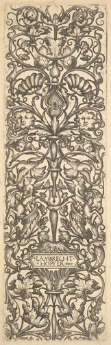 Candelabra with putti on goats at center by Lambrecht Hopfer, print, 1520-1550