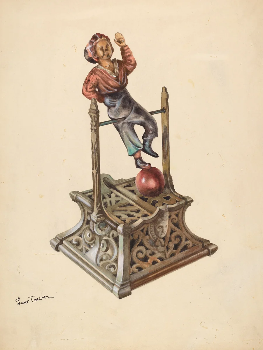 Metal Toy Bank: Boy on Bar by Lew Tower, index of american design, 1937