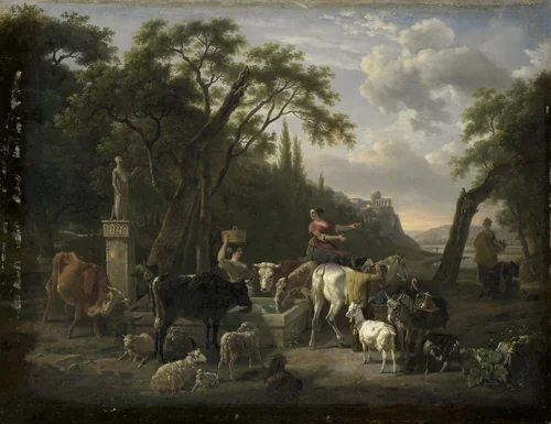 Italian Landscape with Shepherds and Animals at a Fountain by Jean Louis Demarne, painting, 1780-1810