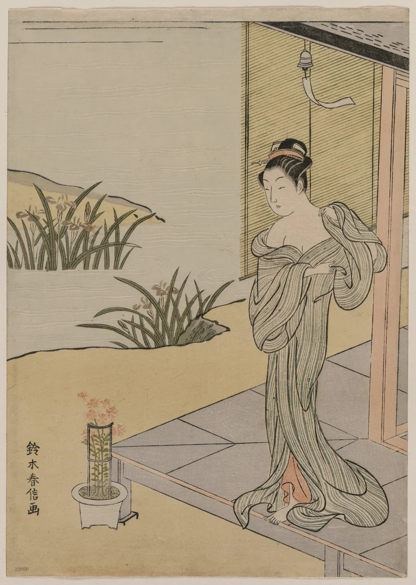 Young Woman Looking at a Pot of Pinks by Suzuki Harunobu (鈴木春信), print, 1762-1772