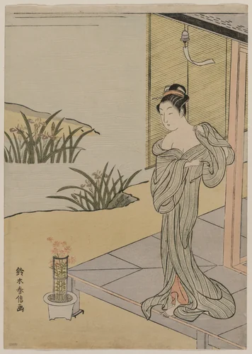 Young Woman Looking at a Pot of Pinks by Suzuki Harunobu (鈴木春信), print, 1762-1772