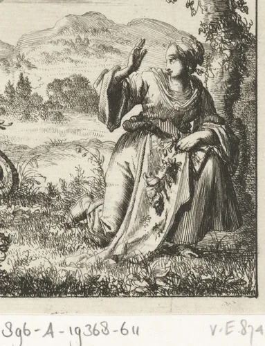 Bloemplukkende vrouw aangevallen door een slang by Jan Luyken, print, 1687