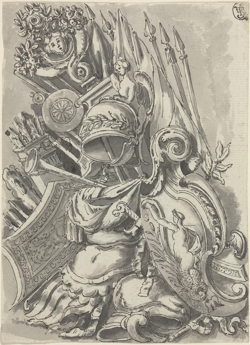 A Trophy of Arms by Jean Lepautre, drawing, 1618-1682