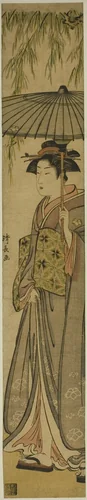 Geisha Carrying a Parasol under a Willow Tree by Torii Kiyonaga (鳥居清長), print, 1779-1789