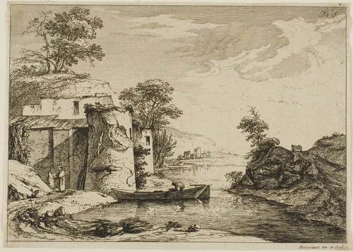 The Old Tower at the Edge of a River by Jean Jacques de Boissieu, print, 1763