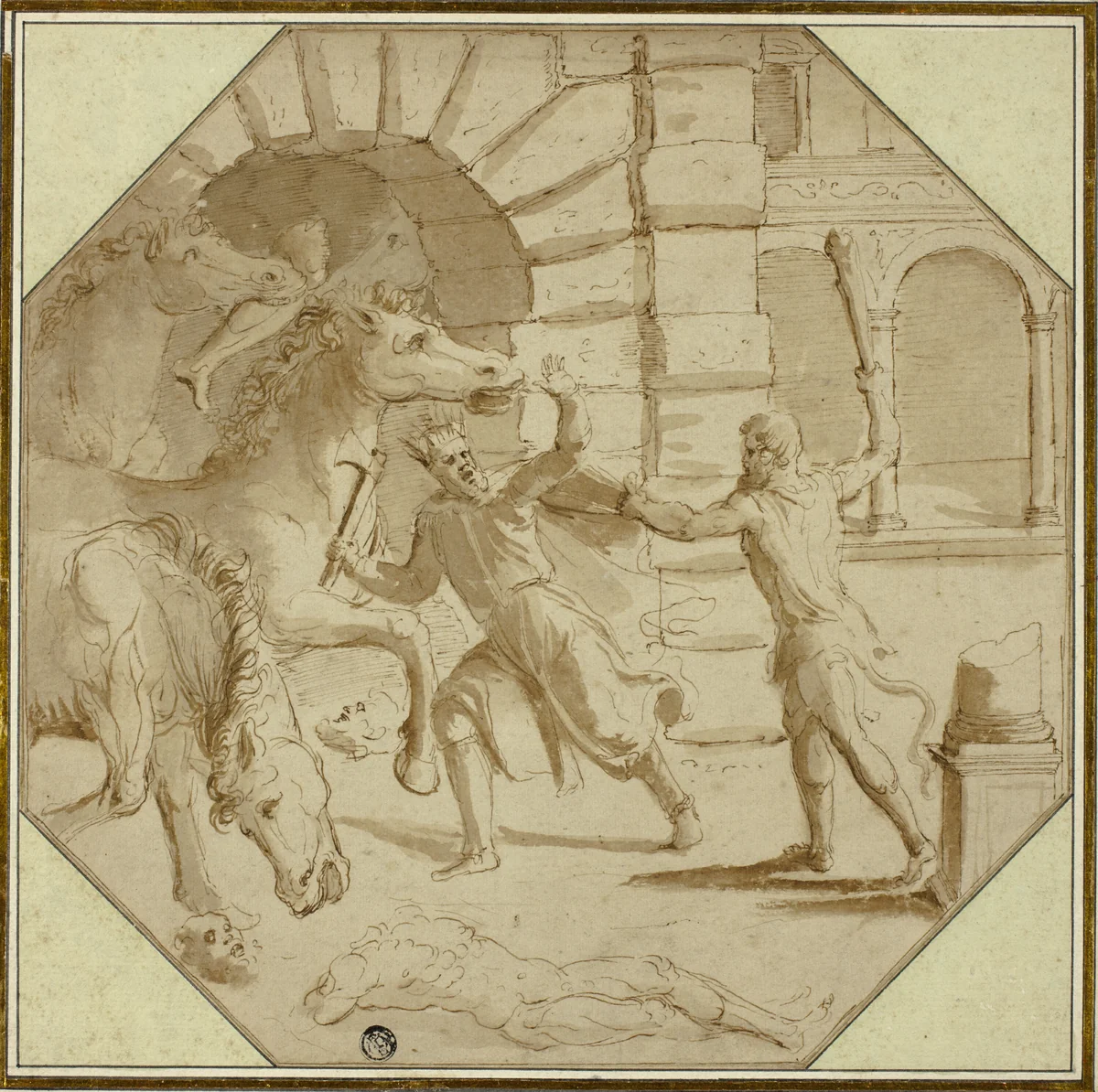 Hercules Felling King Diomedes by Giulio Romano, drawing, 1540-1546