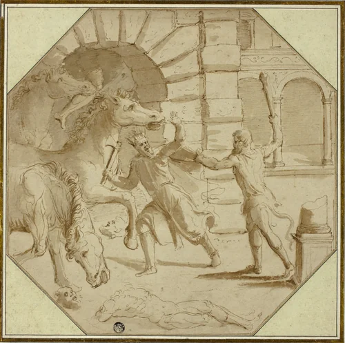 Hercules Felling King Diomedes by Giulio Romano, drawing, 1540-1546