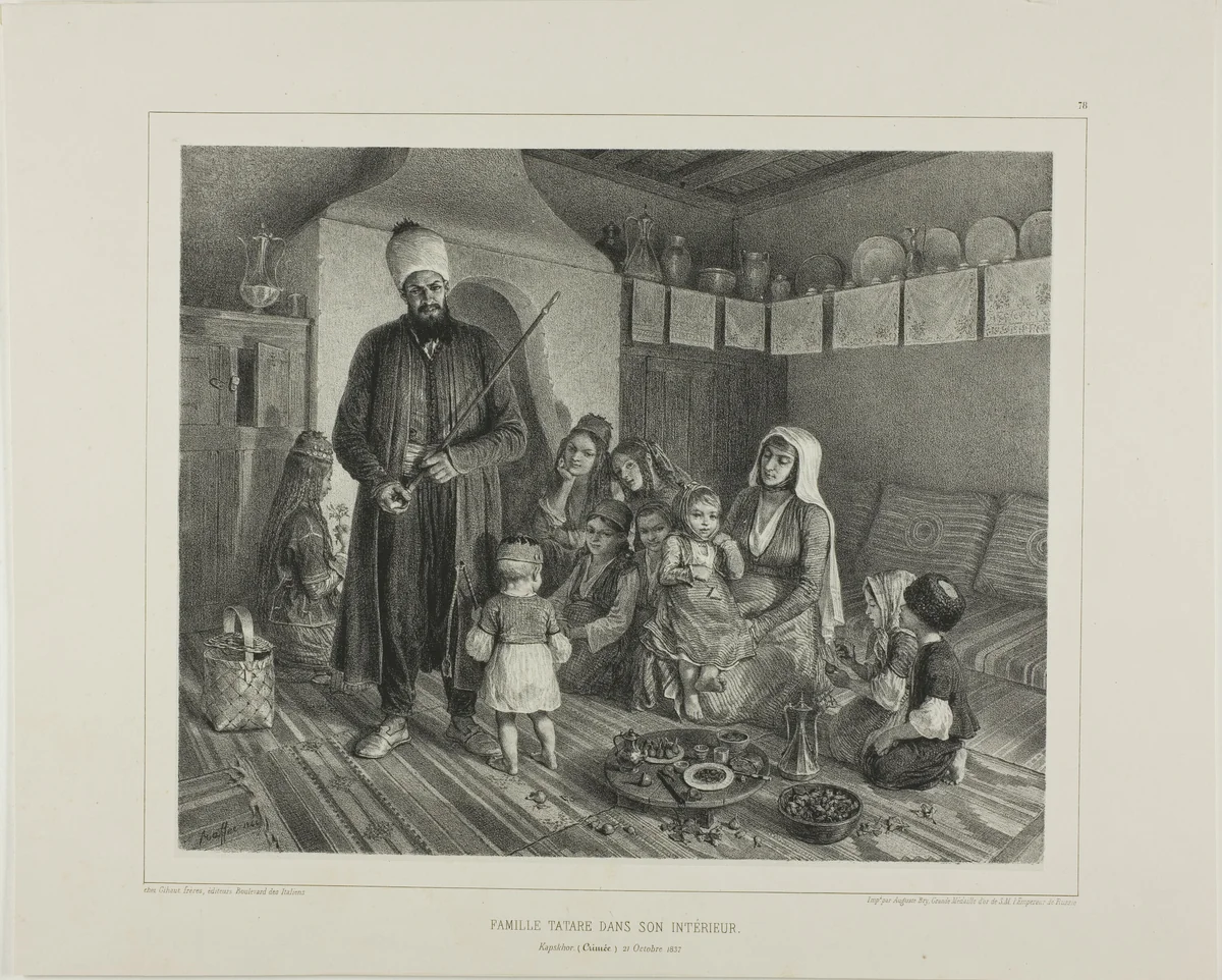 Tartar Family in Their Home, Kapskhor, Crimea, October 21, 1837 by Denis Auguste Marie Raffet, print, 1846