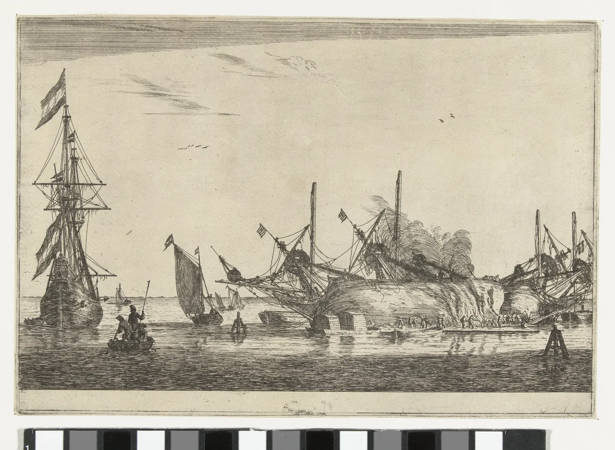 Waterdichtmaken van de rompen van twee schepen by Reinier Nooms, print, 1650-1664