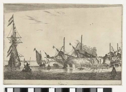 Waterdichtmaken van de rompen van twee schepen by Reinier Nooms, print, 1650-1664