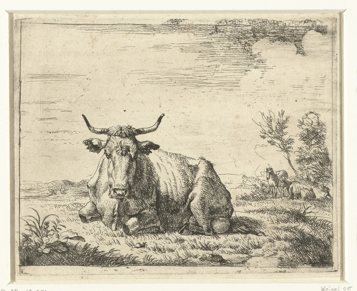 Liggende koe by Adriaen van de Velde, print, 1653-1672