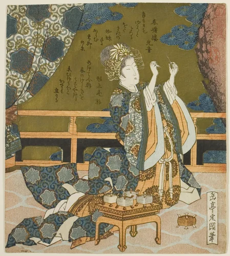 Two Chinese Women Examining Thread and a Spider’s Web in a Box, from the series "Diptych for the Drum Group" by Yashima Gakutei (八島岳亭), print, 1816-1833