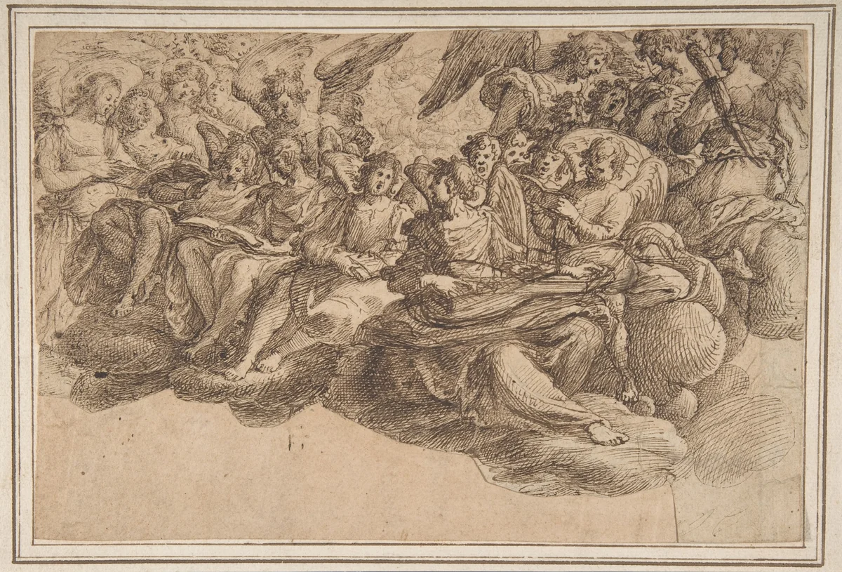 Music-Making Angels Seated on Clouds by Andrea Commodi, drawing, 1611-1621