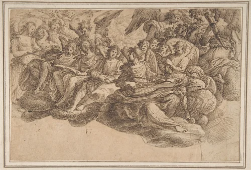 Music-Making Angels Seated on Clouds by Andrea Commodi, drawing, 1611-1621