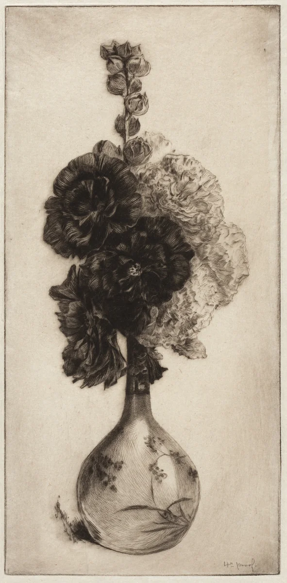 Hollyhocks in a Long-necked Vase by James David Smillie, print, 1891